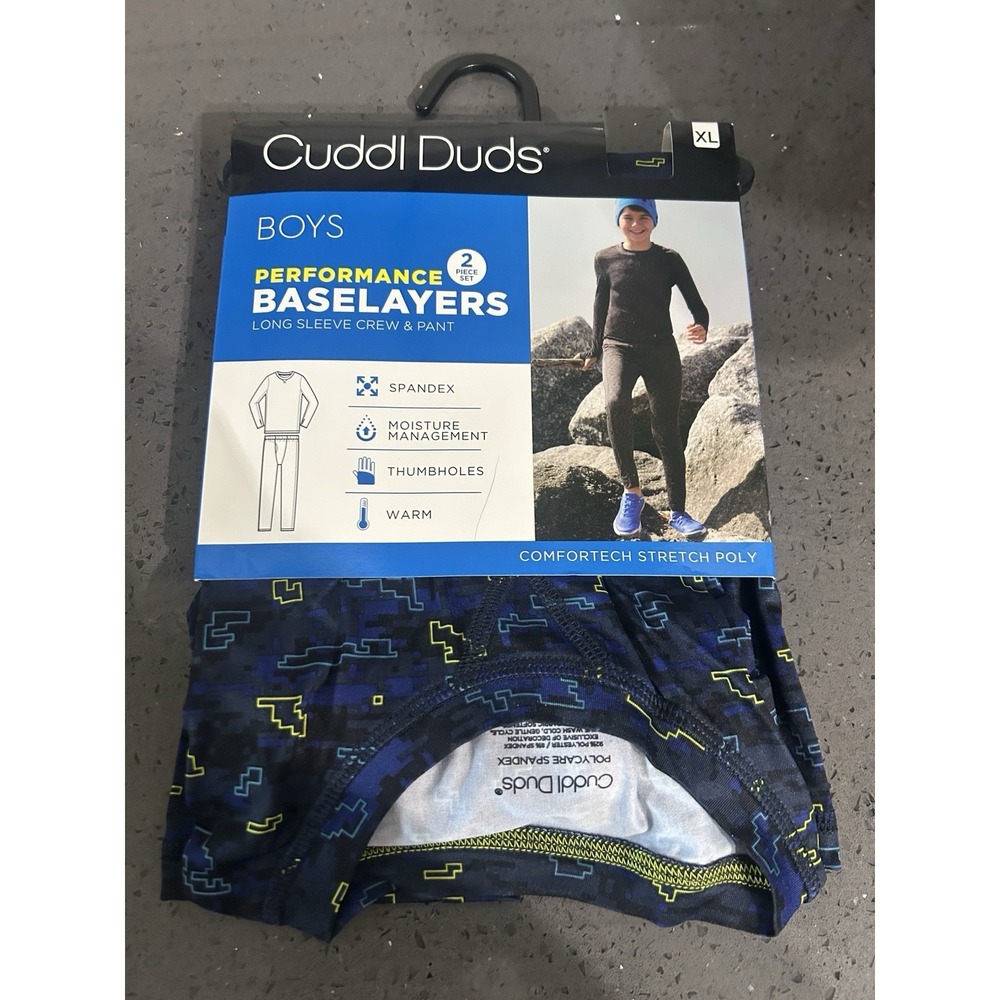 NEW Cuddl Duds Base Layer Boys Youth XL 2pc Set Pant & Crew Top Blue Pattern NWT